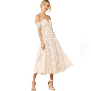 Lulus Absolutely Stunning White Lace Off-the-Shoulder Tiered Hem Midi Dress